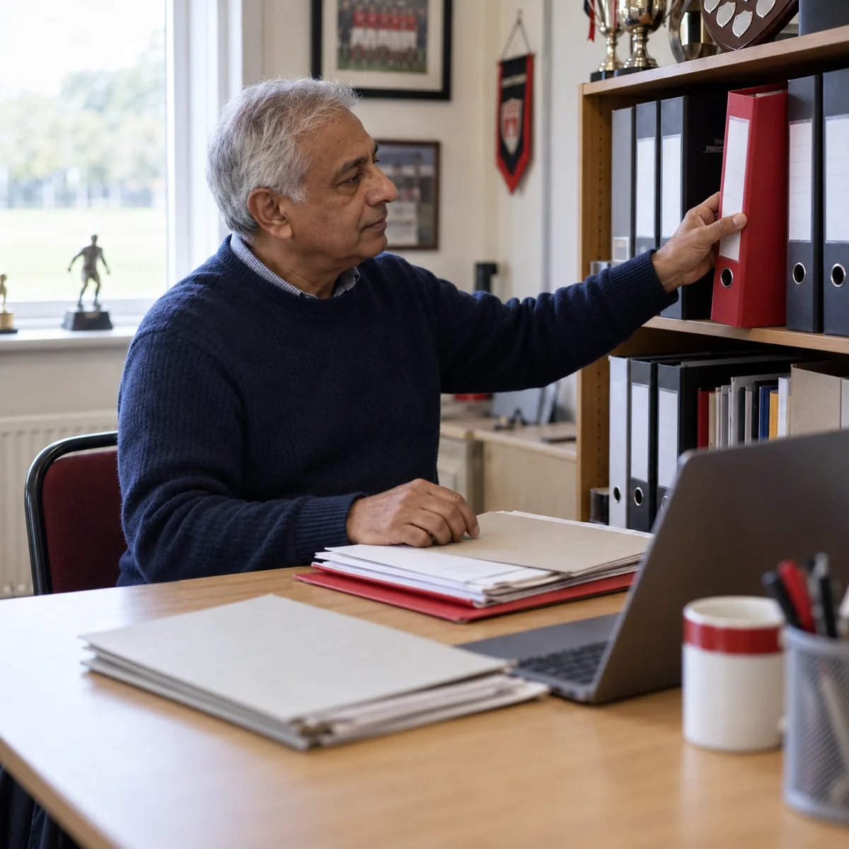 A committee member selecting a club folder beside a laptop.