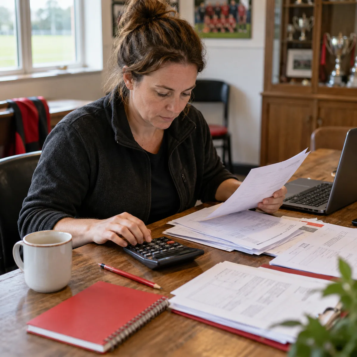 A club treasurer checking paperwork beside a laptop and calculator.