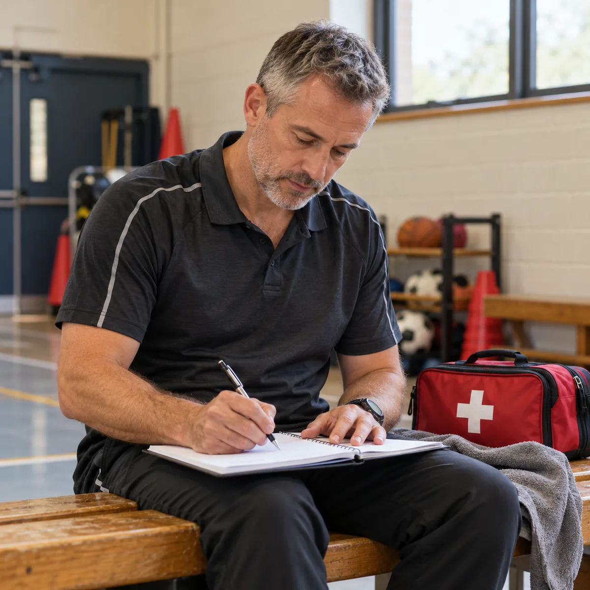 A coach writing in a notebook beside a first-aid bag.