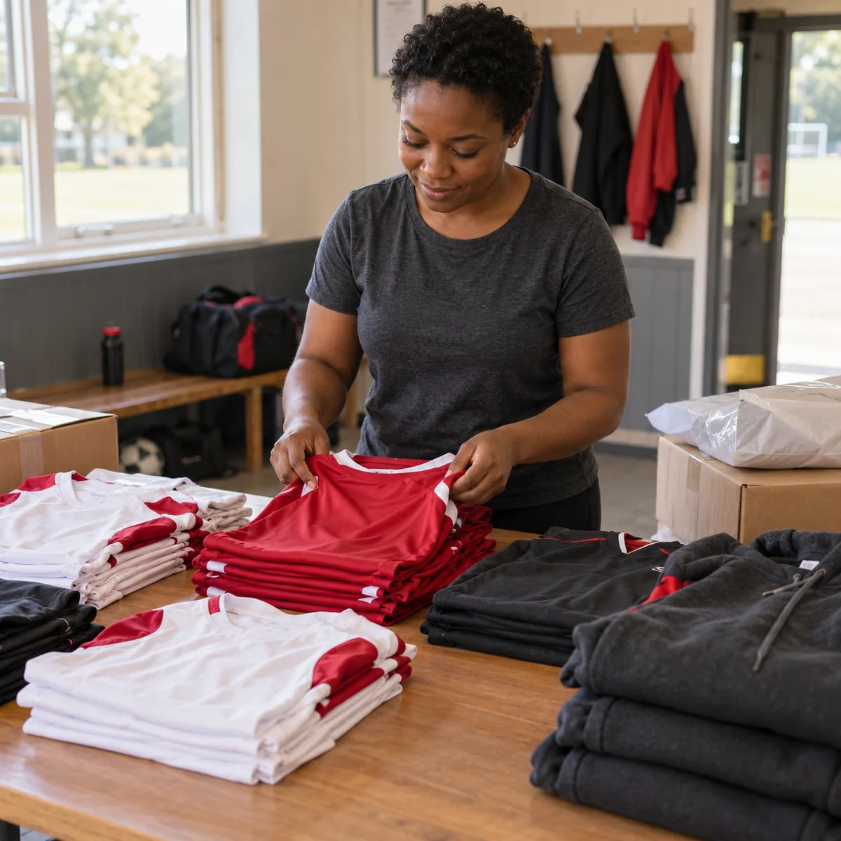 A club volunteer sorting folded team shirts and hoodies.