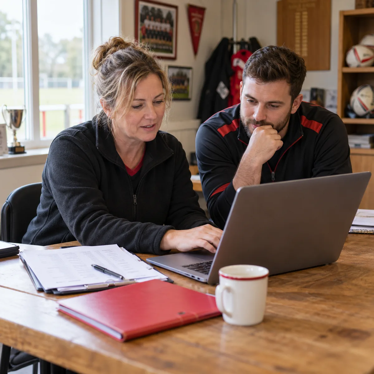 Two club volunteers reviewing member records together on a laptop.