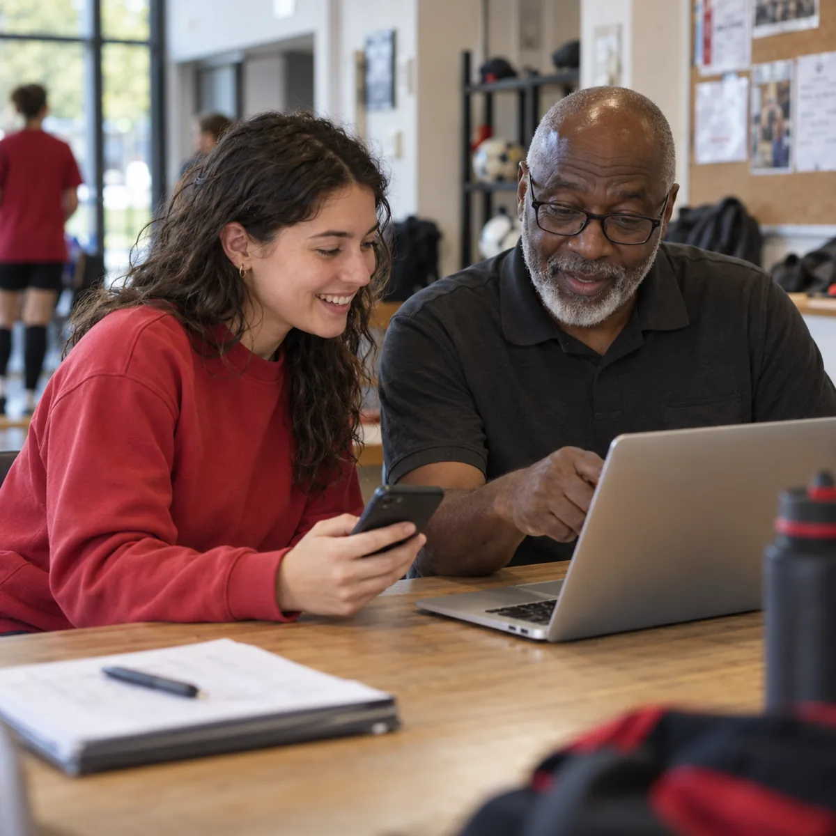 A club member holding a phone while a volunteer helps at a laptop.